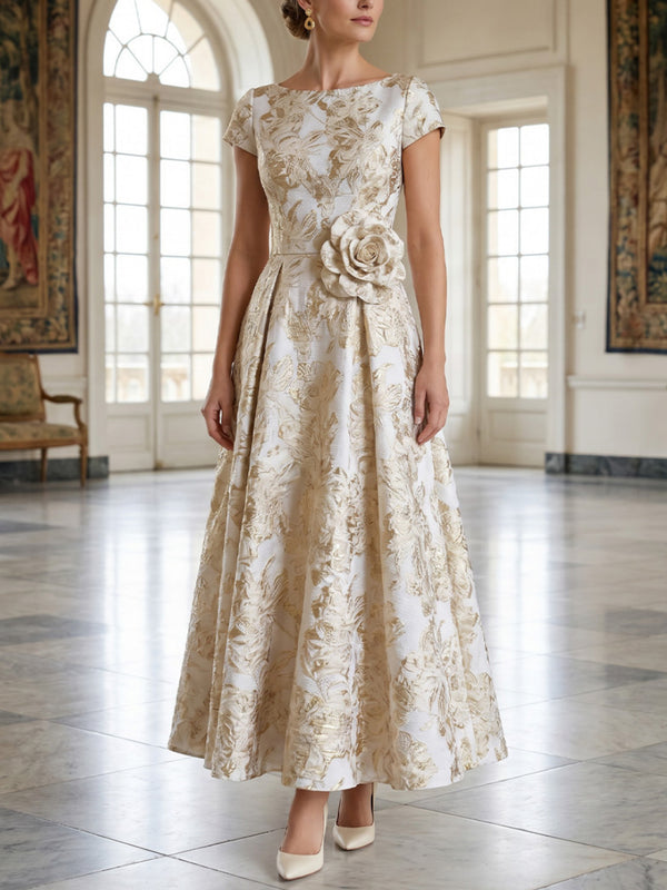 A-Line/Princess Scoop Jacquard Mother of the Bride Dresses with 3D Flower Floral Short Sleeves Ankle-Length