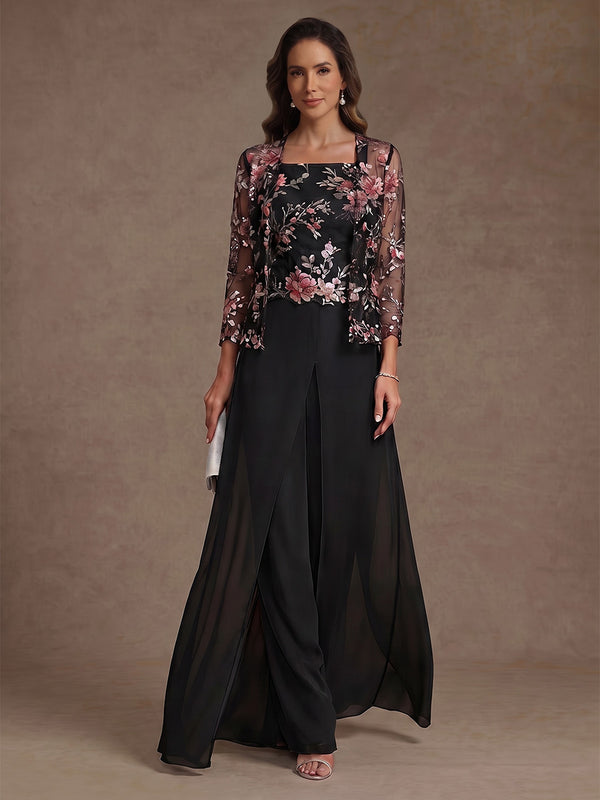 3 Pieces Suit Square Collar Chiffon Mother of the Bride Pantsuits with Jacket Overskirt Floral Sequins Ankle-Length 3/4 Sleeves