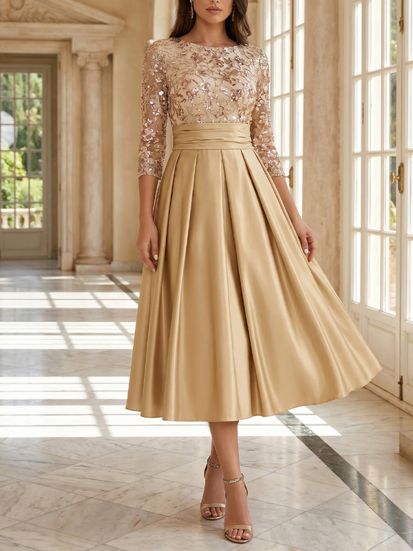 A-Line/Princess Scoop Satin Mother of the Bride Dresses Sequins Floral 3/4 Sleeves Tea-Length