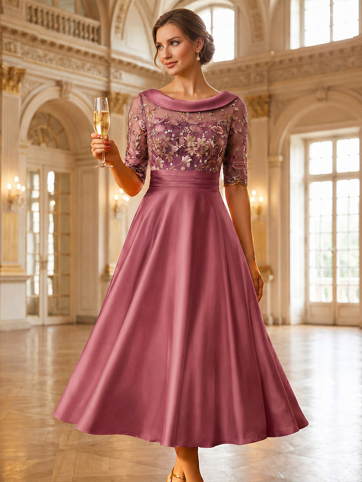 A-Line/Princess Scoop Satin Mother of the Bride Dresses Lace Floral Half Sleeves Tea-Length