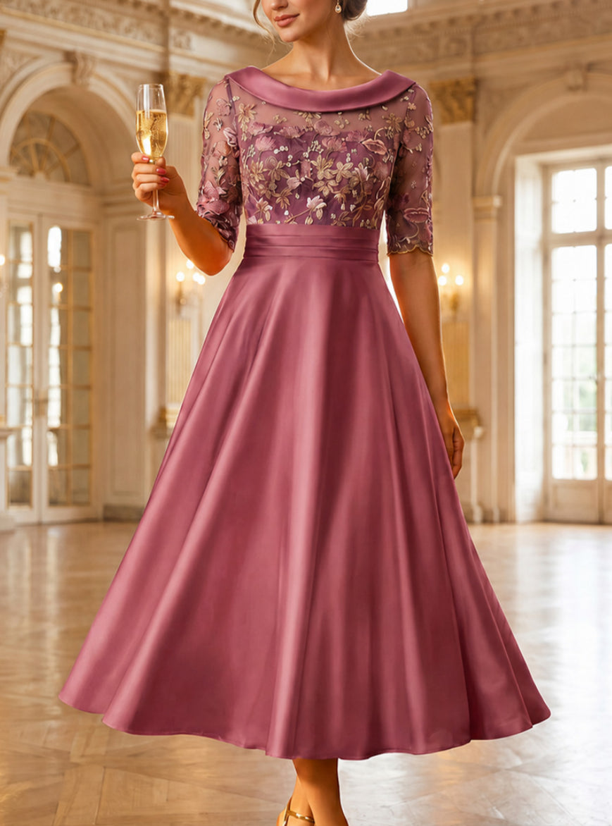 A-Line/Princess Scoop Satin Mother of the Bride Dresses Lace Floral Half Sleeves Tea-Length