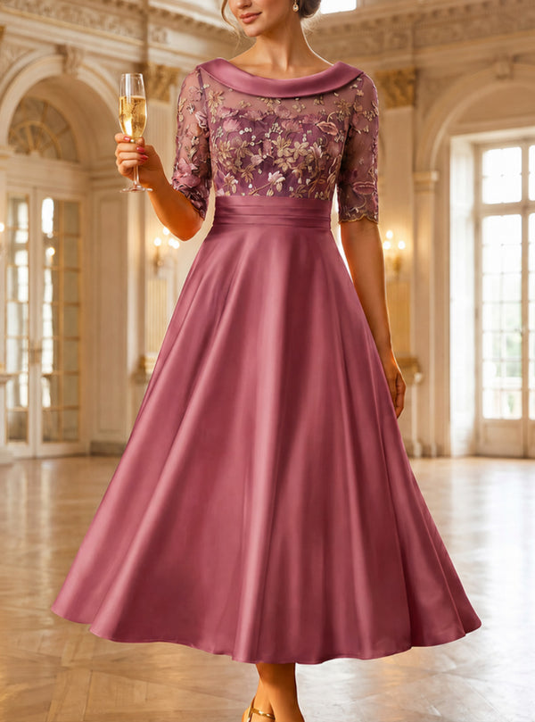 A-Line/Princess Scoop Satin Mother of the Bride Dresses Lace Floral Half Sleeves Tea-Length