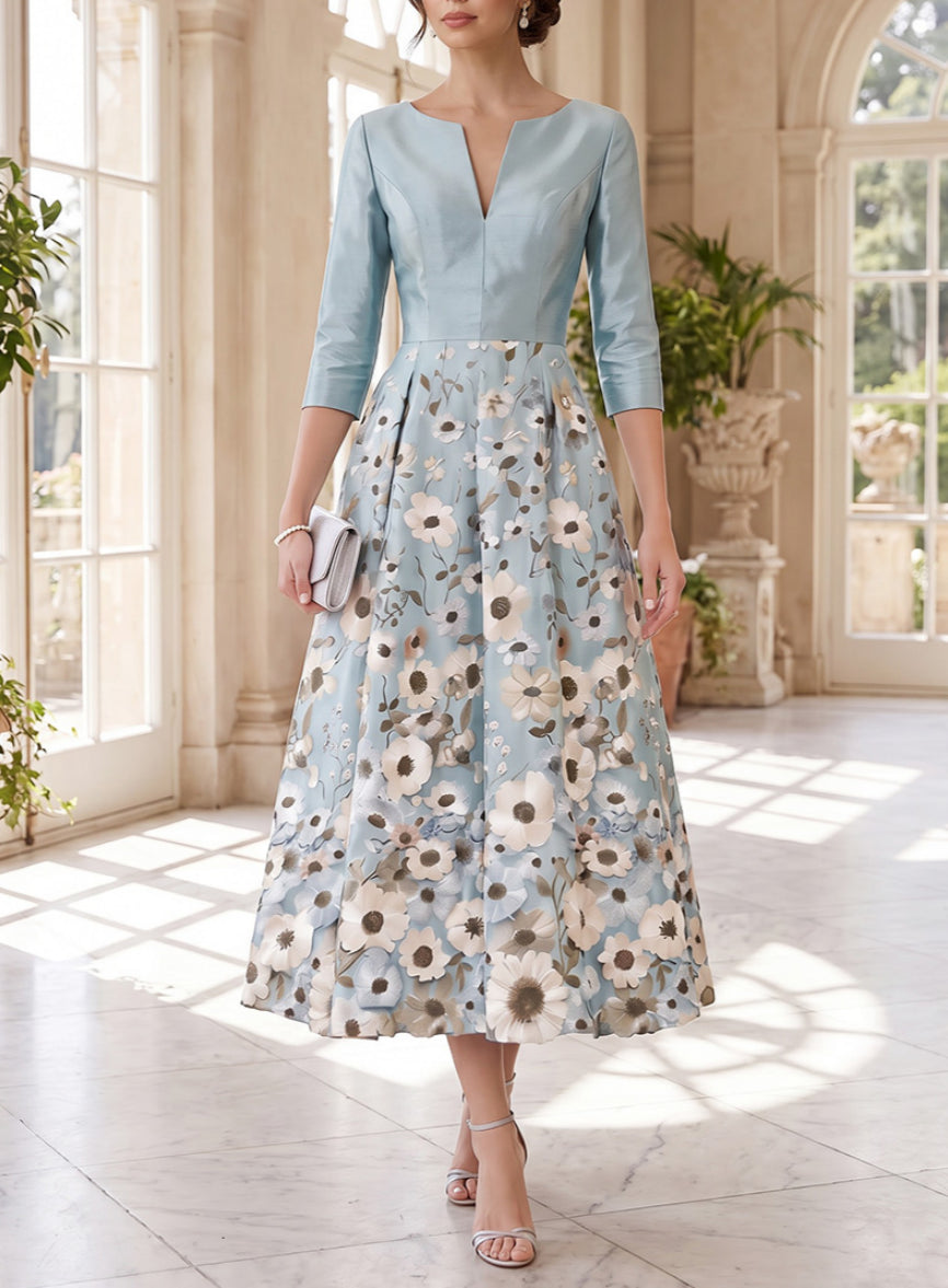 A-Line/Princess V-Neck Satin Mother of the Bride Dresses Lace Floral 3/4 Sleeves Tea-Length