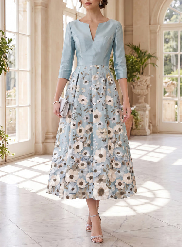 A-Line/Princess V-Neck Satin Mother of the Bride Dresses Lace Floral 3/4 Sleeves Tea-Length