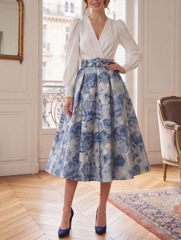 A-Line/Princess V-Neck Jacquard Mother of the Bride Dresses Floral Long Sleeves Tea-Length Belt