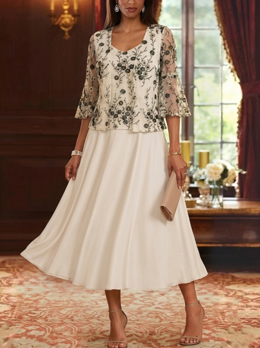A-Line/Princess V-Neck Mother of the Bride Dresses with Jacket  Floral Lace Embroidery Tea-Length 3/4 Sleeves