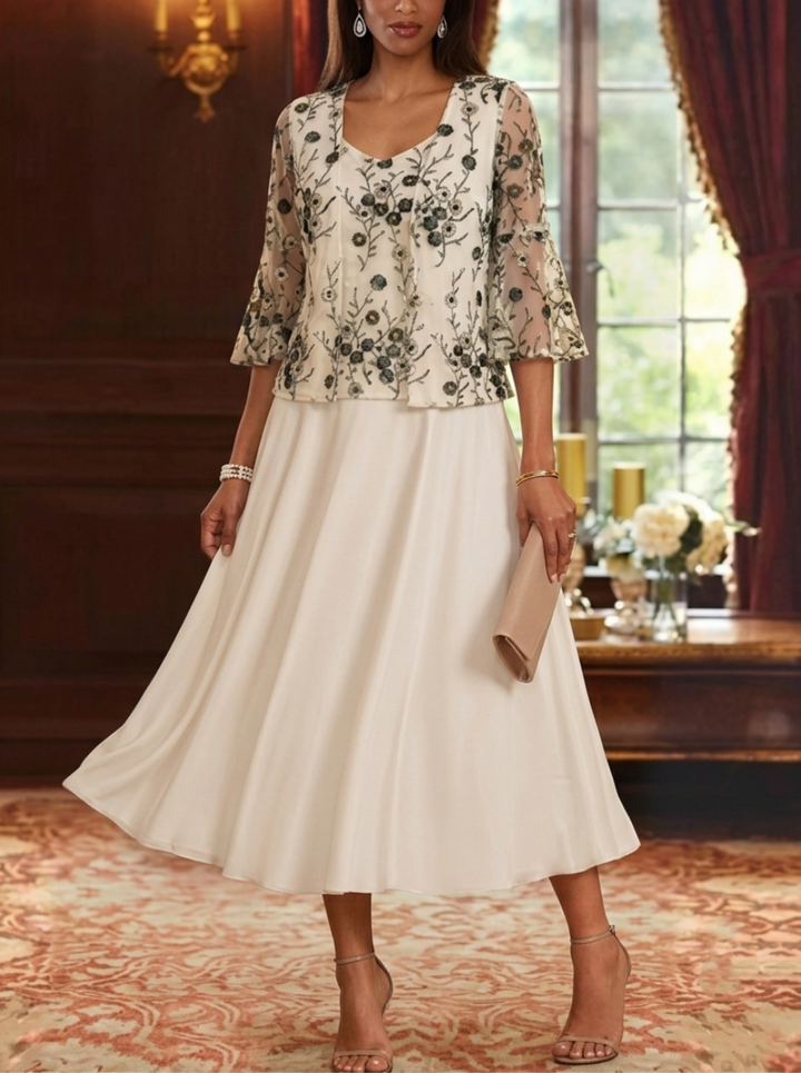 A-Line/Princess V-Neck Mother of the Bride Dresses with Jacket  Floral Lace Embroidery Tea-Length 3/4 Sleeves