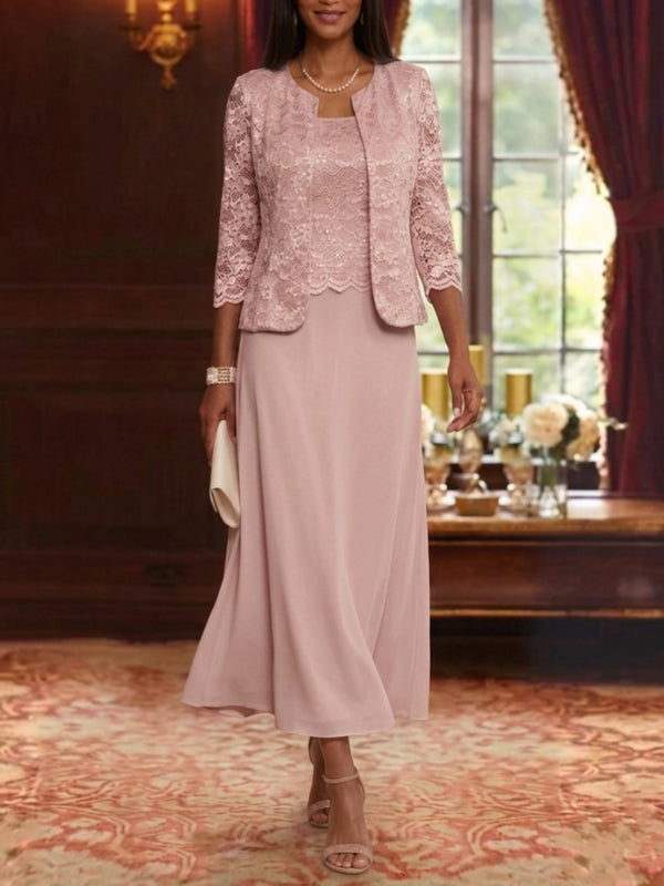 A-Line/Princess Scoop Chiffon Mother of the Bride Dresses with Jacket Floral Lace Tea-Length 3/4 Sleeves