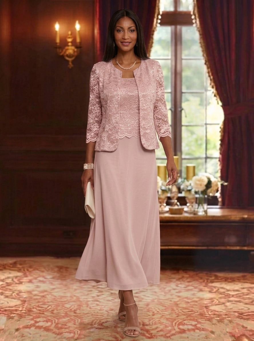A-Line/Princess Scoop Chiffon Mother of the Bride Dresses with Jacket Floral Lace Tea-Length 3/4 Sleeves, Dusty Rose