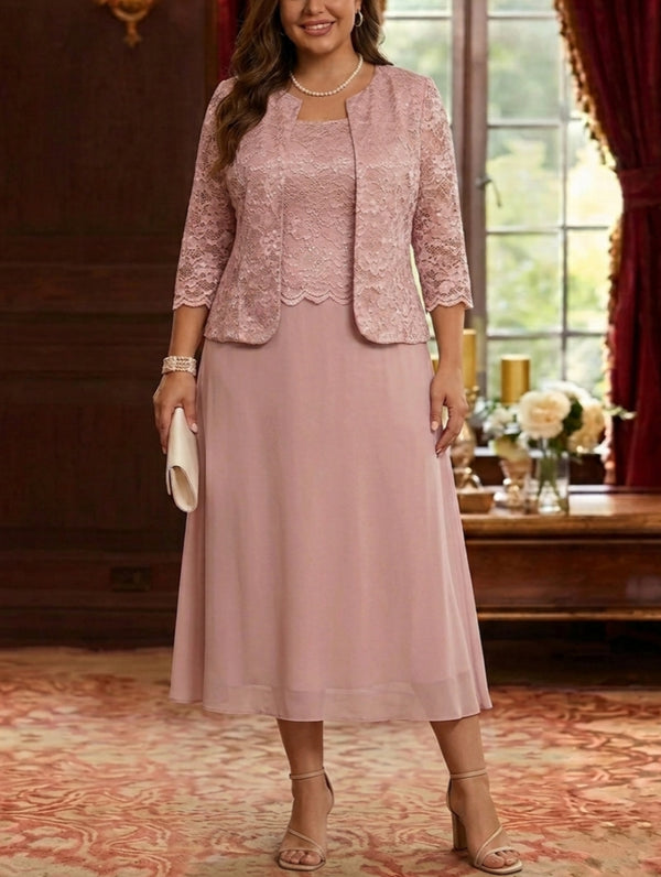 A-Line/Princess Scoop Chiffon Plus Size Mother of the Bride Dresses with Jacket Floral Lace Tea-Length 3/4 Sleeves