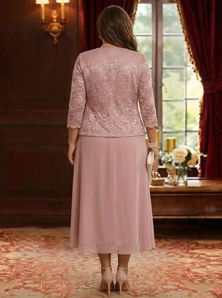 A-Line/Princess Scoop Chiffon Plus Size Mother of the Bride Dresses with Jacket Floral Lace Tea-Length 3/4 Sleeves