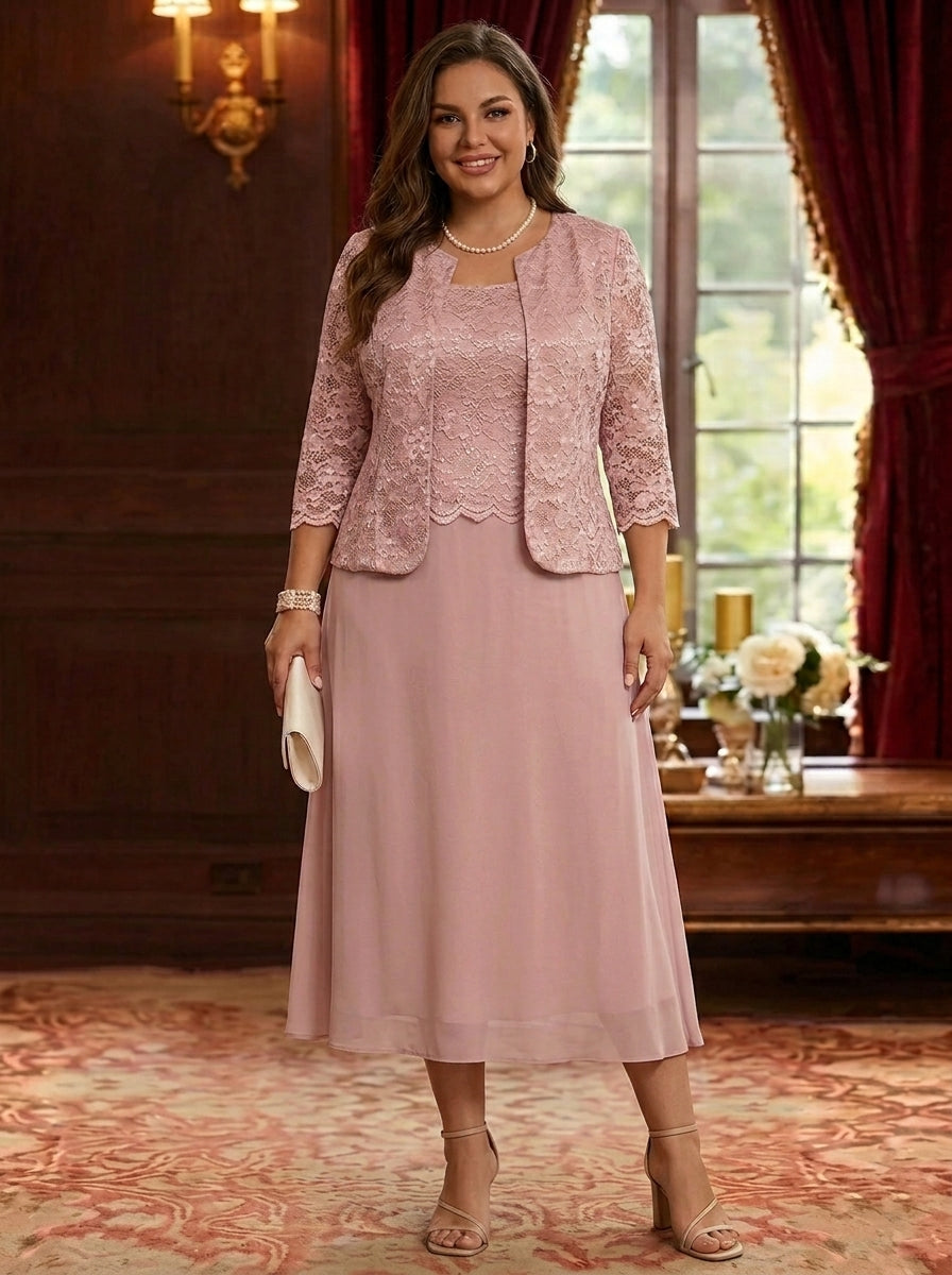 A-Line/Princess Scoop Chiffon Plus Size Mother of the Bride Dresses with Jacket Floral Lace Tea-Length 3/4 Sleeves