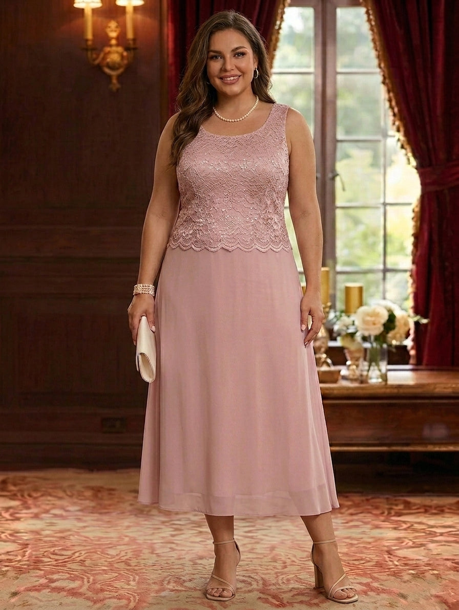 A-Line/Princess Scoop Chiffon Plus Size Mother of the Bride Dresses with Jacket Floral Lace Tea-Length 3/4 Sleeves