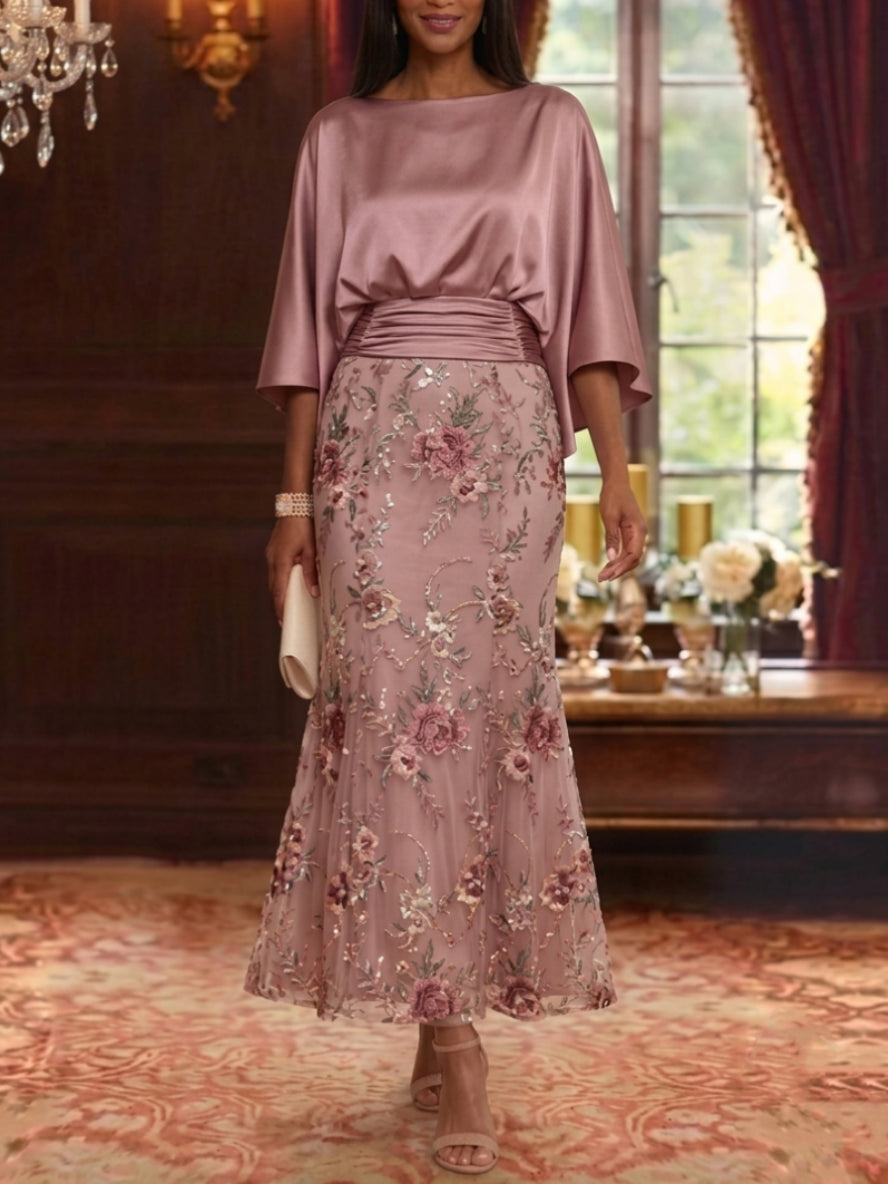 Trumpet/Mermaid Boat Neck Silk Satin Mother of the Bride Dresses Floral Lace Embroidery Ankle-Length 3/4 Sleeves