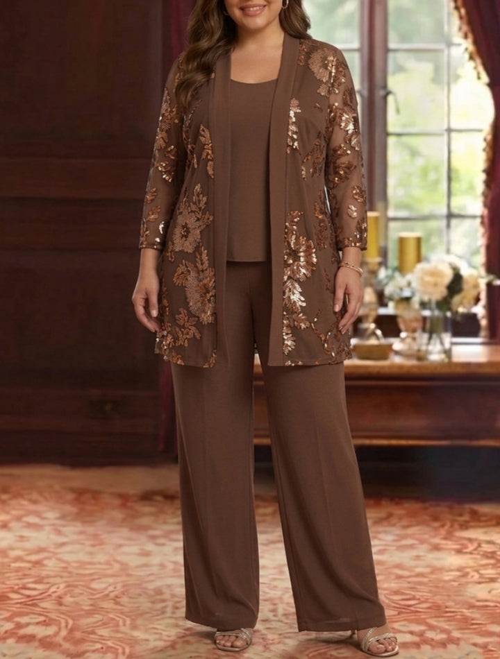 3 Pieces Scoop Chiffon Plus Size Mother of the Bride Pantsuits 3/4 Sleeves Floral Lace Embroidery Floor-Length