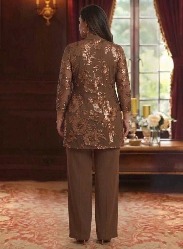 3 Pieces Scoop Chiffon Plus Size Mother of the Bride Pantsuits 3/4 Sleeves Floral Lace Embroidery Floor-Length