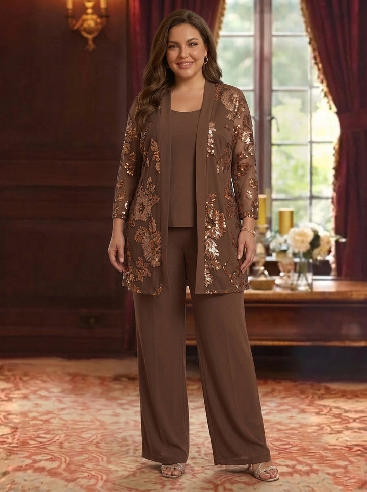 3 Pieces Scoop Chiffon Plus Size Mother of the Bride Pantsuits 3/4 Sleeves Floral Lace Embroidery Floor-Length