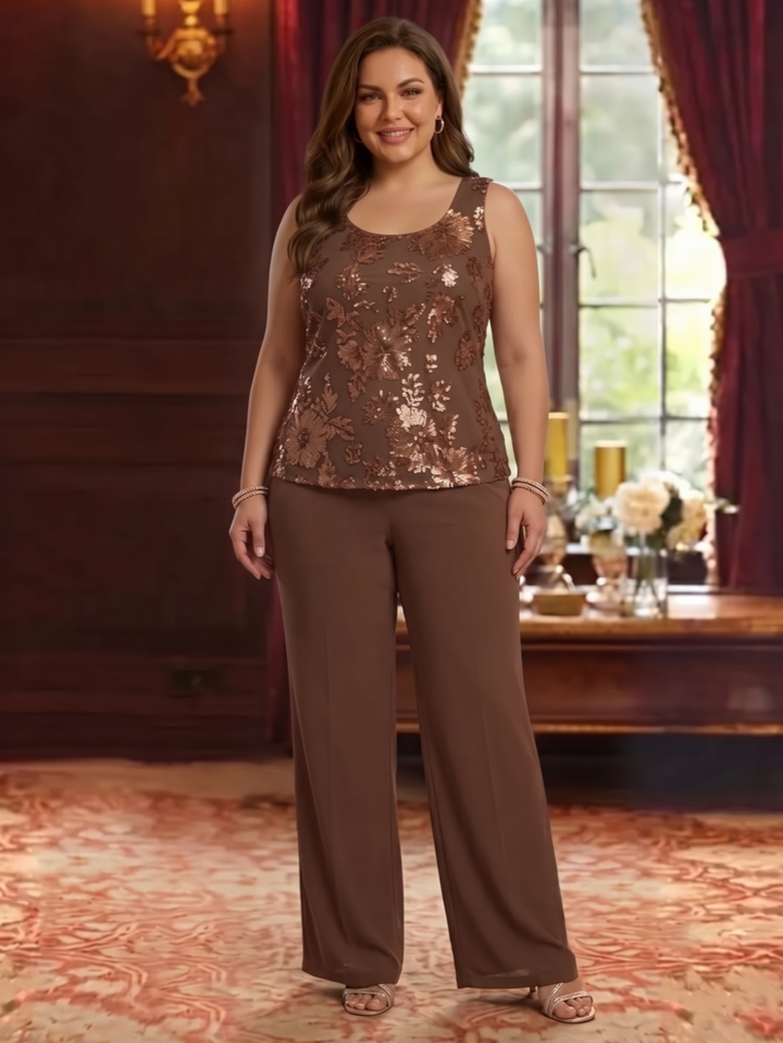 3 Pieces Scoop Chiffon Plus Size Mother of the Bride Pantsuits 3/4 Sleeves Floral Lace Embroidery Floor-Length