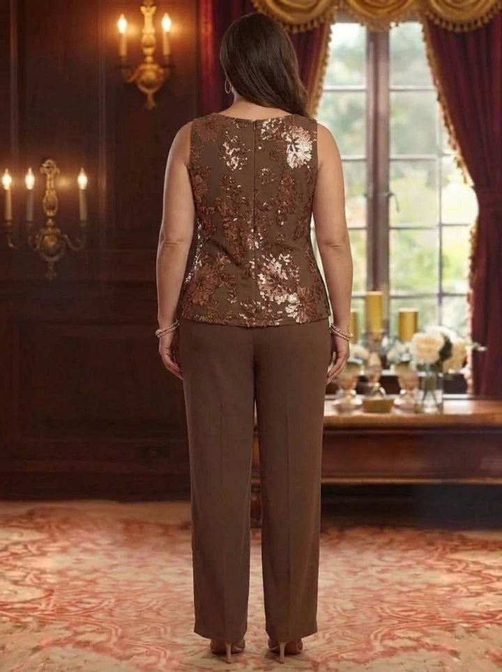 3 Pieces Scoop Chiffon Plus Size Mother of the Bride Pantsuits 3/4 Sleeves Floral Lace Embroidery Floor-Length