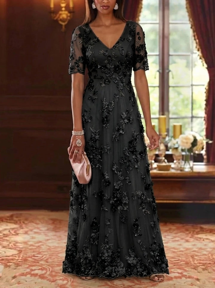 A-Line/Princess V-Neck Chiffon Mother of the Bride Dresses Lace Floral Floor-Length Short Sleeves