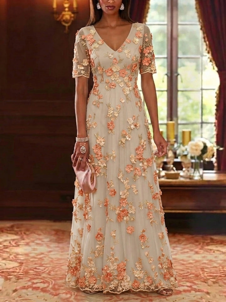 A-Line/Princess V-Neck Chiffon Mother of the Bride Dresses Lace Floral Floor-Length Short Sleeves