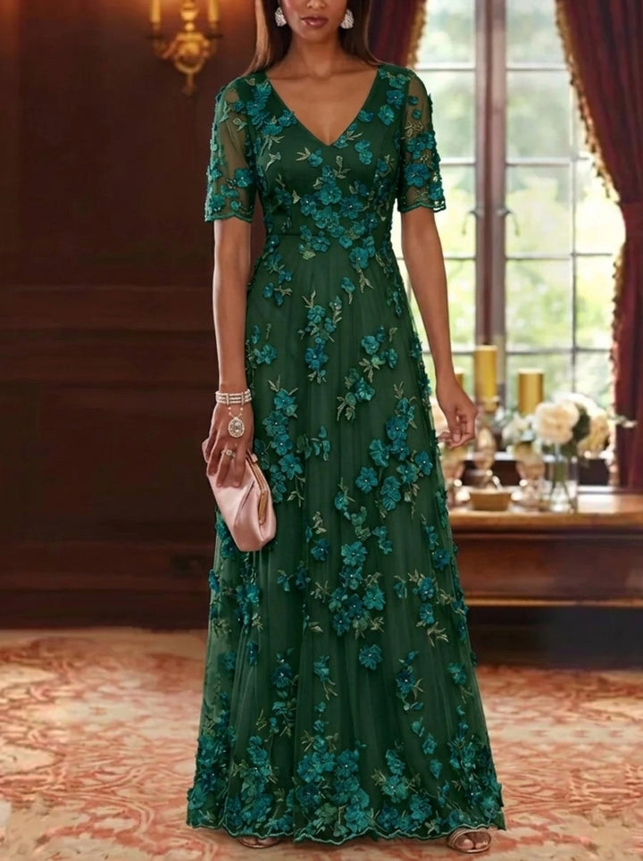 A-Line/Princess V-Neck Chiffon Mother of the Bride Dresses Lace Floral Floor-Length Short Sleeves