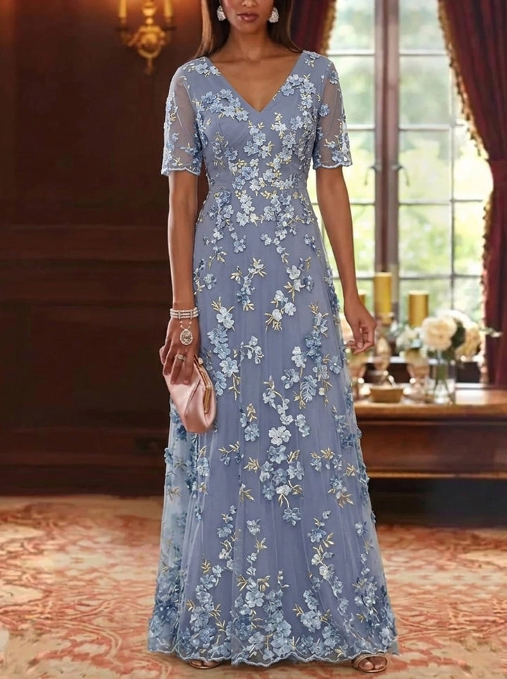 A-Line/Princess V-Neck Chiffon Mother of the Bride Dresses Lace Floral Floor-Length Short Sleeves