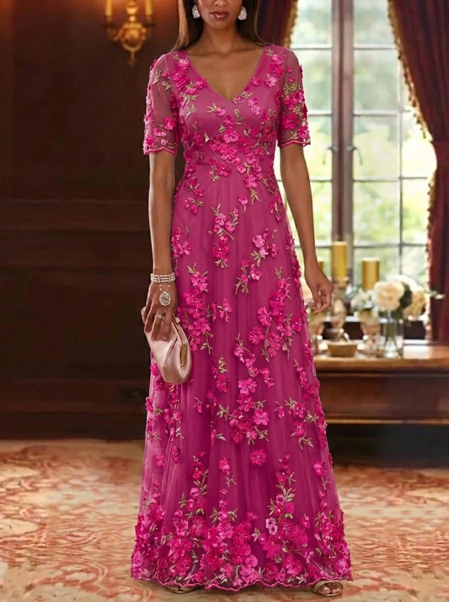 A-Line/Princess V-Neck Chiffon Mother of the Bride Dresses Lace Floral Floor-Length Short Sleeves