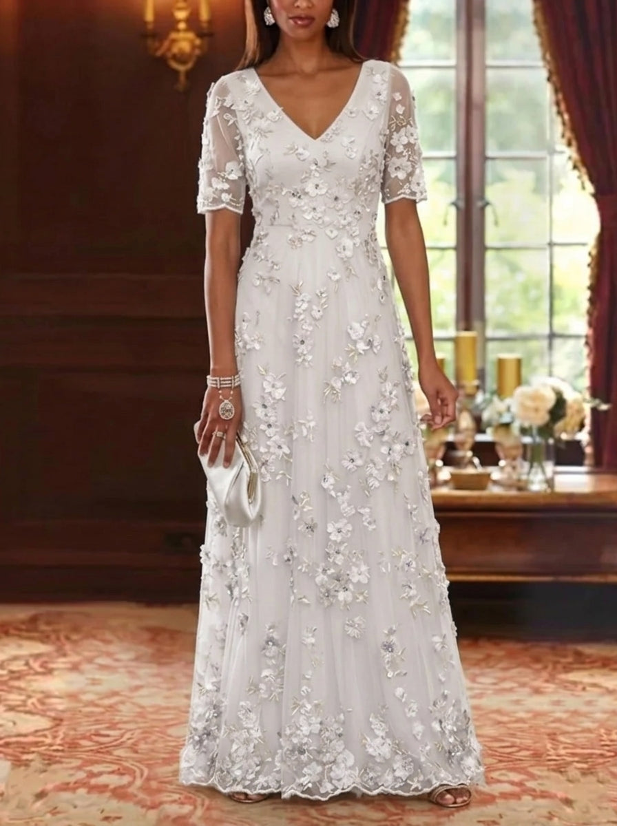A-Line/Princess V-Neck Chiffon Mother of the Bride Dresses Lace Floral Floor-Length Short Sleeves