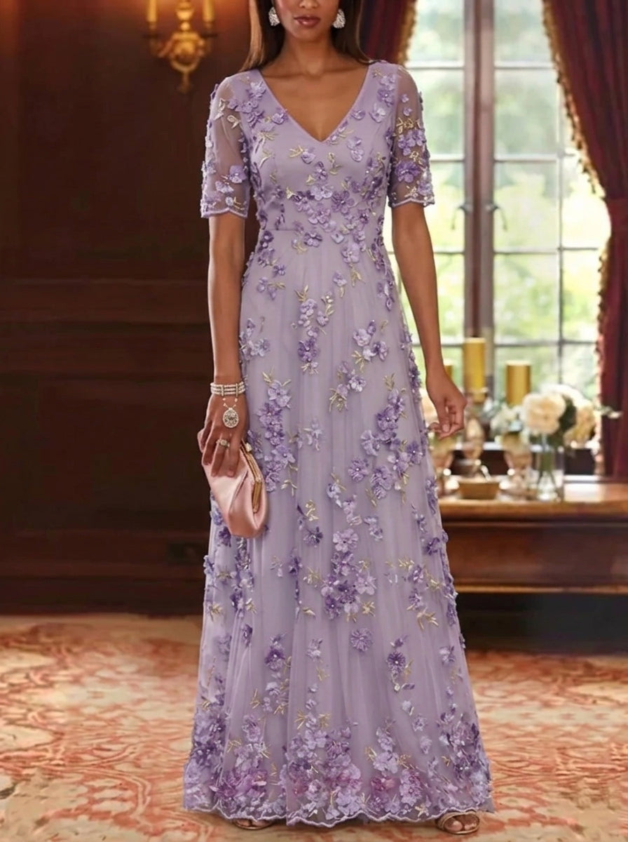A-Line/Princess V-Neck Chiffon Mother of the Bride Dresses Lace Floral Floor-Length Short Sleeves
