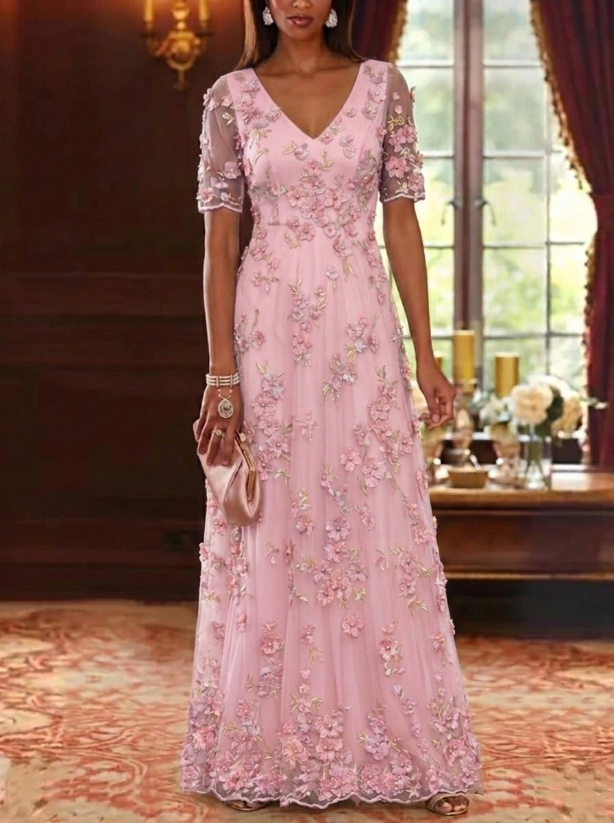 A-Line/Princess V-Neck Chiffon Mother of the Bride Dresses Lace Floral Floor-Length Short Sleeves