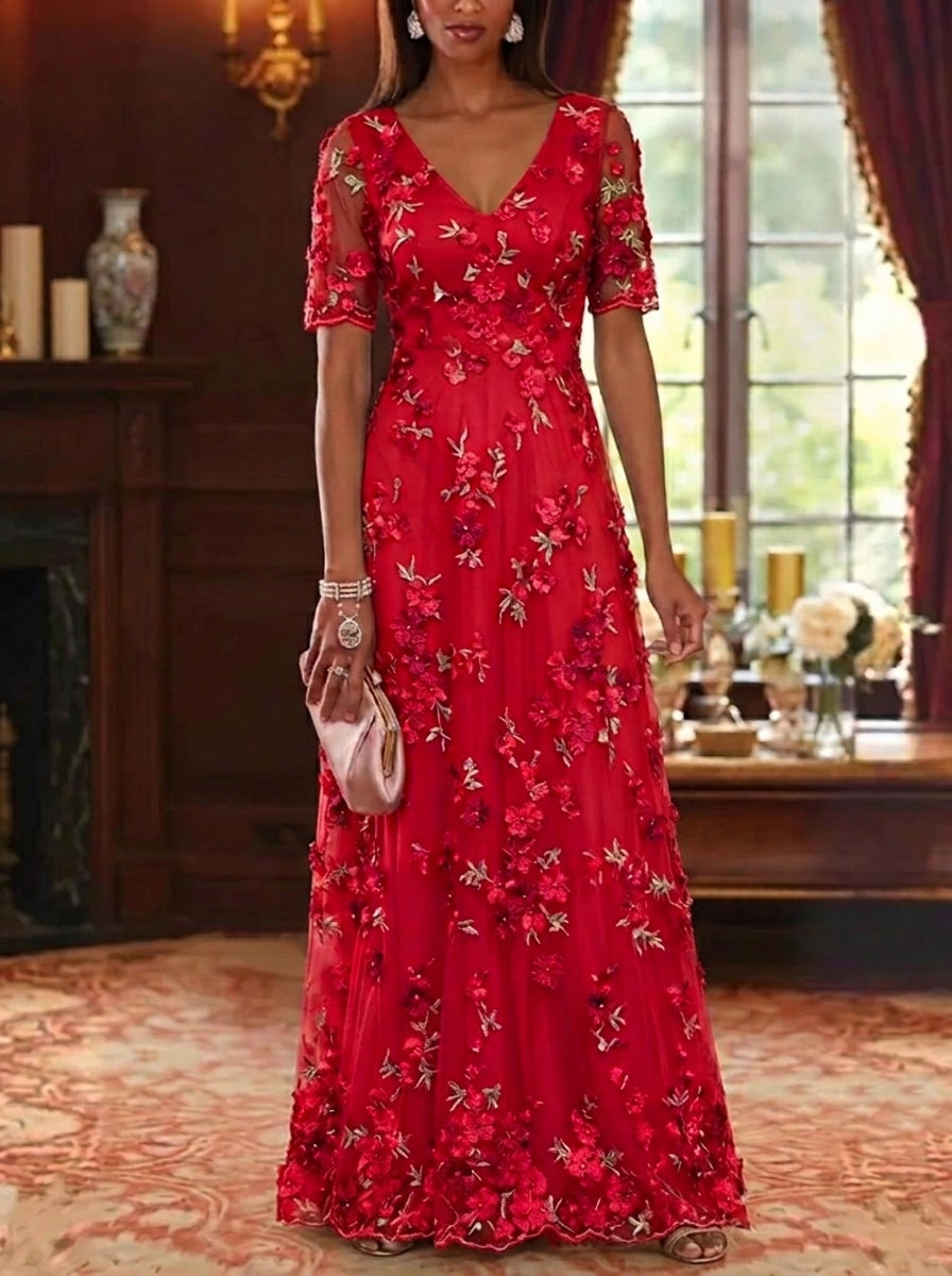 A-Line/Princess V-Neck Chiffon Mother of the Bride Dresses Lace Floral Floor-Length Short Sleeves