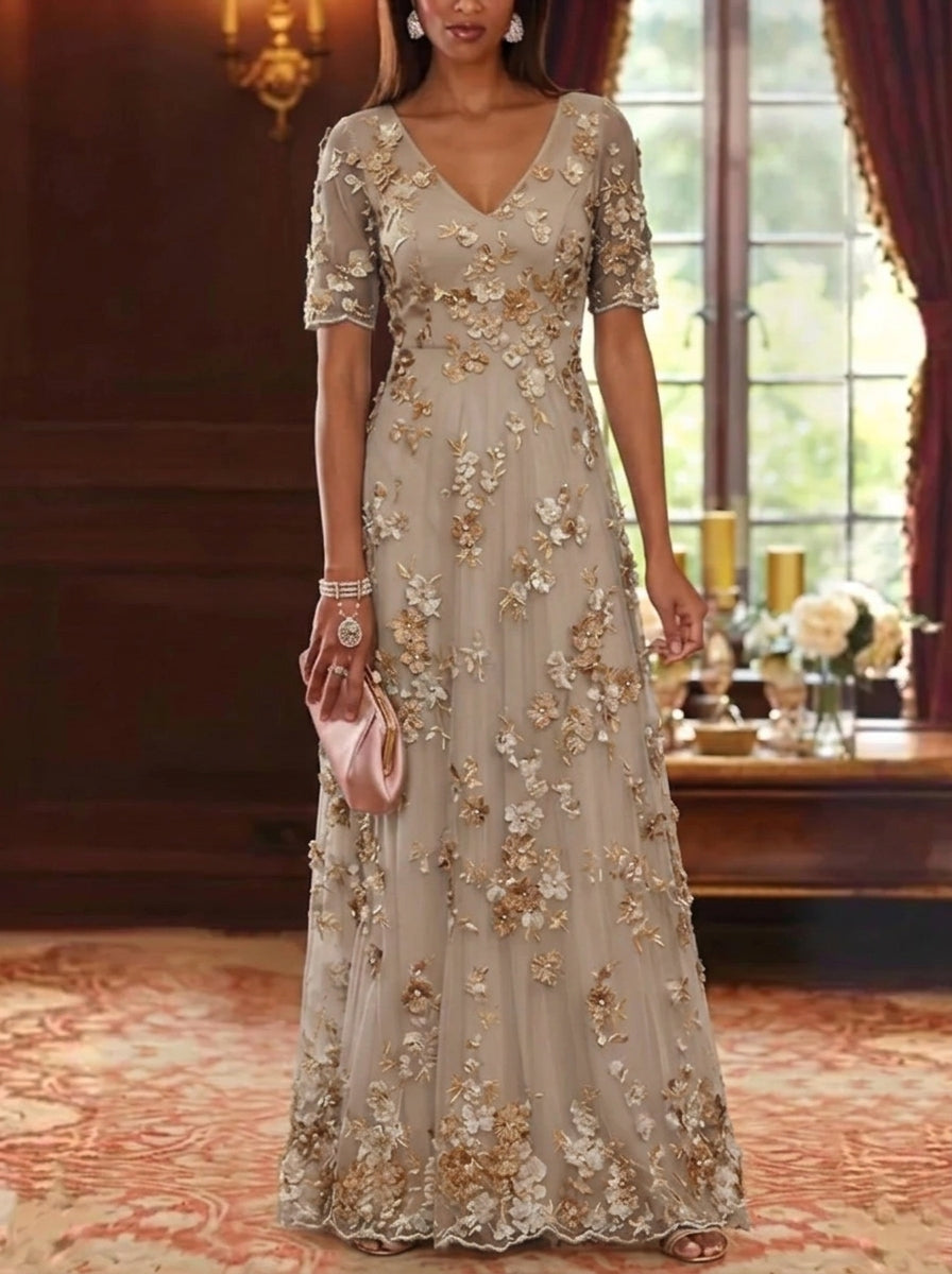 A-Line/Princess V-Neck Chiffon Mother of the Bride Dresses Lace Floral Floor-Length Short Sleeves