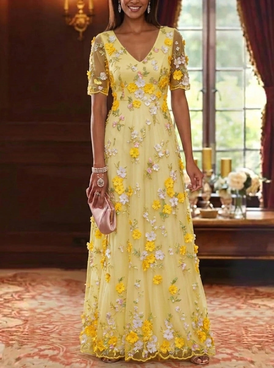 A-Line/Princess V-Neck Chiffon Mother of the Bride Dresses Lace Floral Floor-Length Short Sleeves