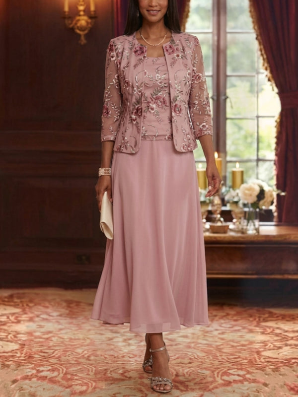 2 Pieces A-Line/Princess Scoop Chiffon Mother of the Bride Dresses with Jacket Floral Tea-Length 3/4 Sleeves