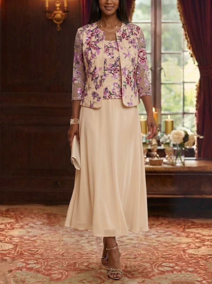 2 Pieces A-Line/Princess Scoop Chiffon Mother of the Bride Dresses with Jacket Floral Tea-Length 3/4 Sleeves