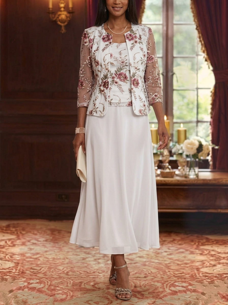 2 Pieces A-Line/Princess Scoop Chiffon Mother of the Bride Dresses with Jacket Floral Tea-Length 3/4 Sleeves