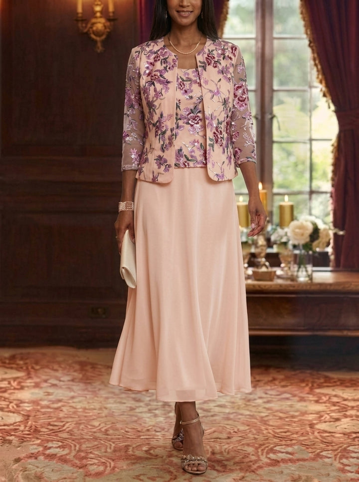 2 Pieces A-Line/Princess Scoop Chiffon Mother of the Bride Dresses with Jacket Floral Tea-Length 3/4 Sleeves