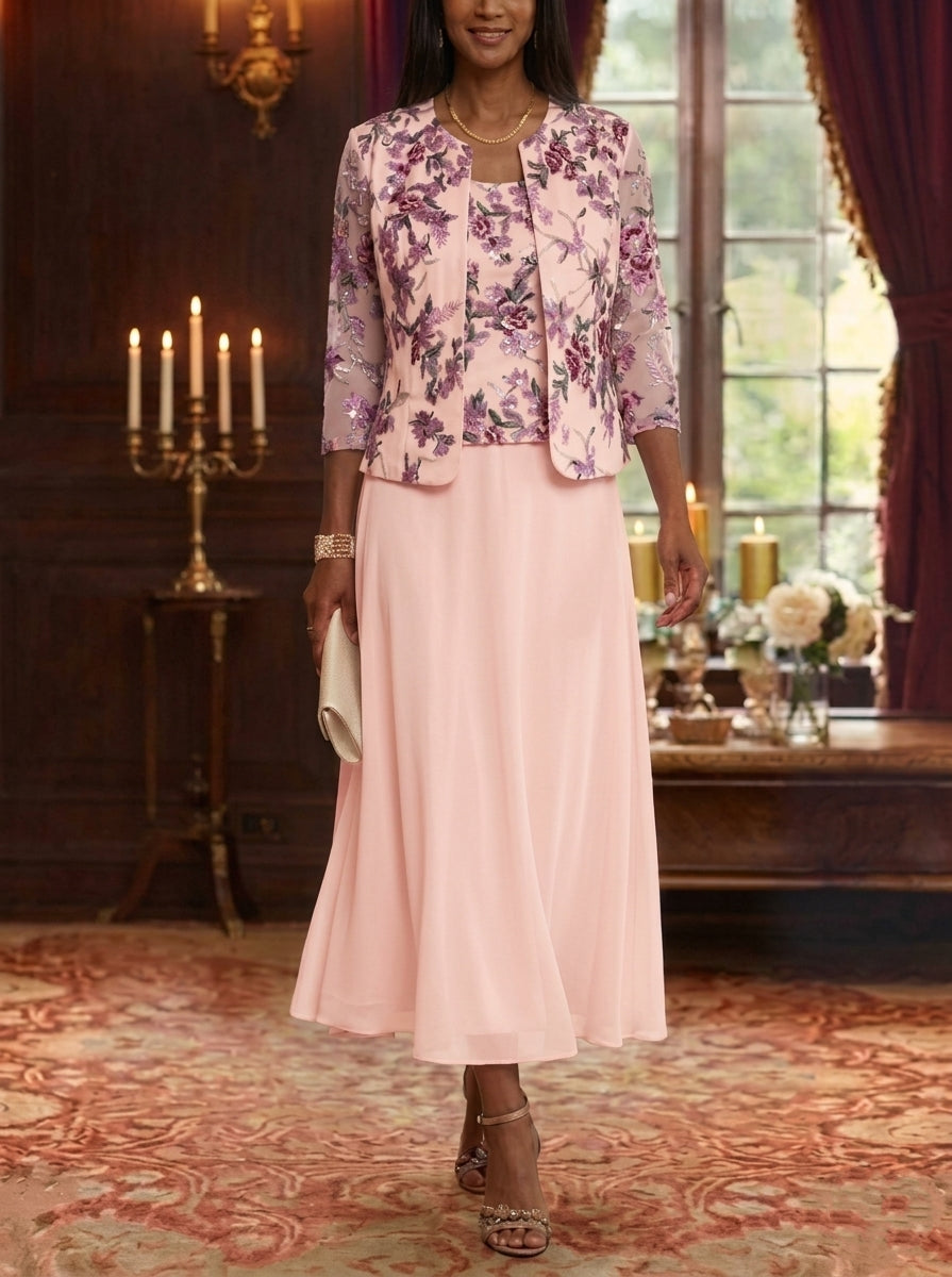 2 Pieces A-Line/Princess Scoop Chiffon Mother of the Bride Dresses with Jacket Floral Tea-Length 3/4 Sleeves
