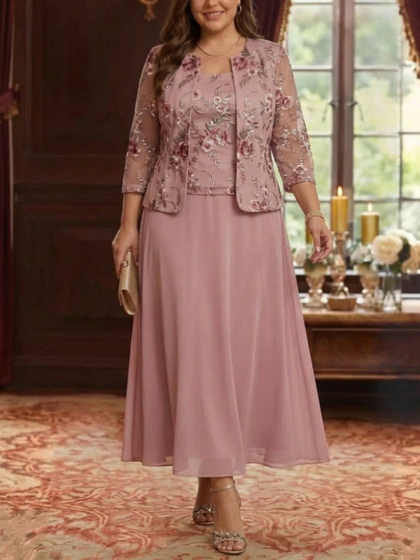 2 Pieces A-Line/Princess Scoop Chiffon Plus Size Mother of the Bride Dresses with Jacket Floral Tea-Length 3/4 Sleeves