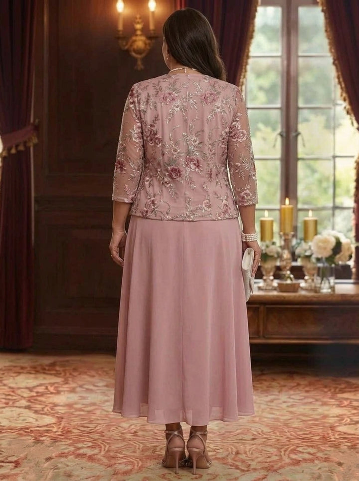 2 Pieces A-Line/Princess Scoop Chiffon Plus Size Mother of the Bride Dresses with Jacket Floral Tea-Length 3/4 Sleeves