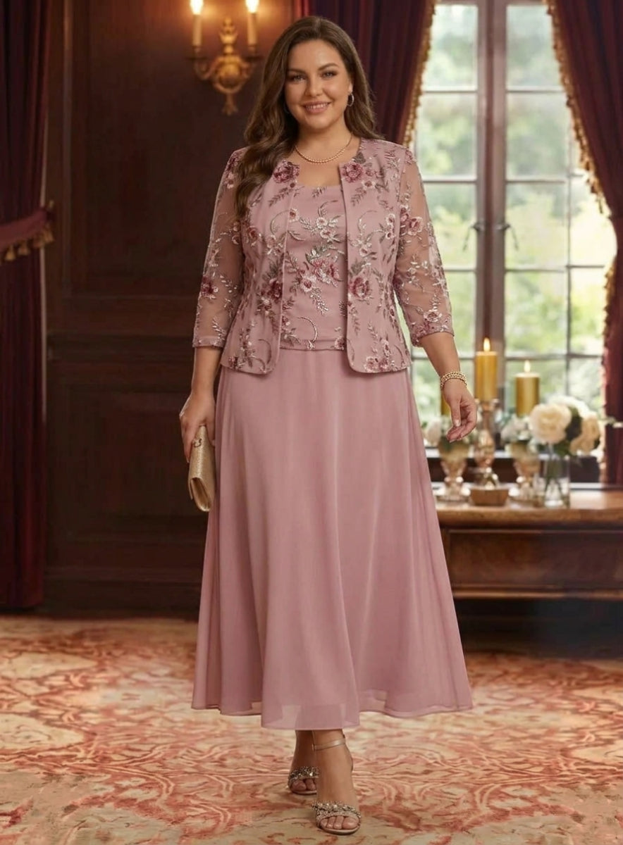 2 Pieces A-Line/Princess Scoop Chiffon Plus Size Mother of the Bride Dresses with Jacket Floral Tea-Length 3/4 Sleeves
