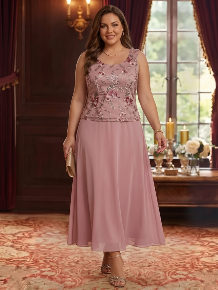 2 Pieces A-Line/Princess Scoop Chiffon Plus Size Mother of the Bride Dresses with Jacket Floral Tea-Length 3/4 Sleeves
