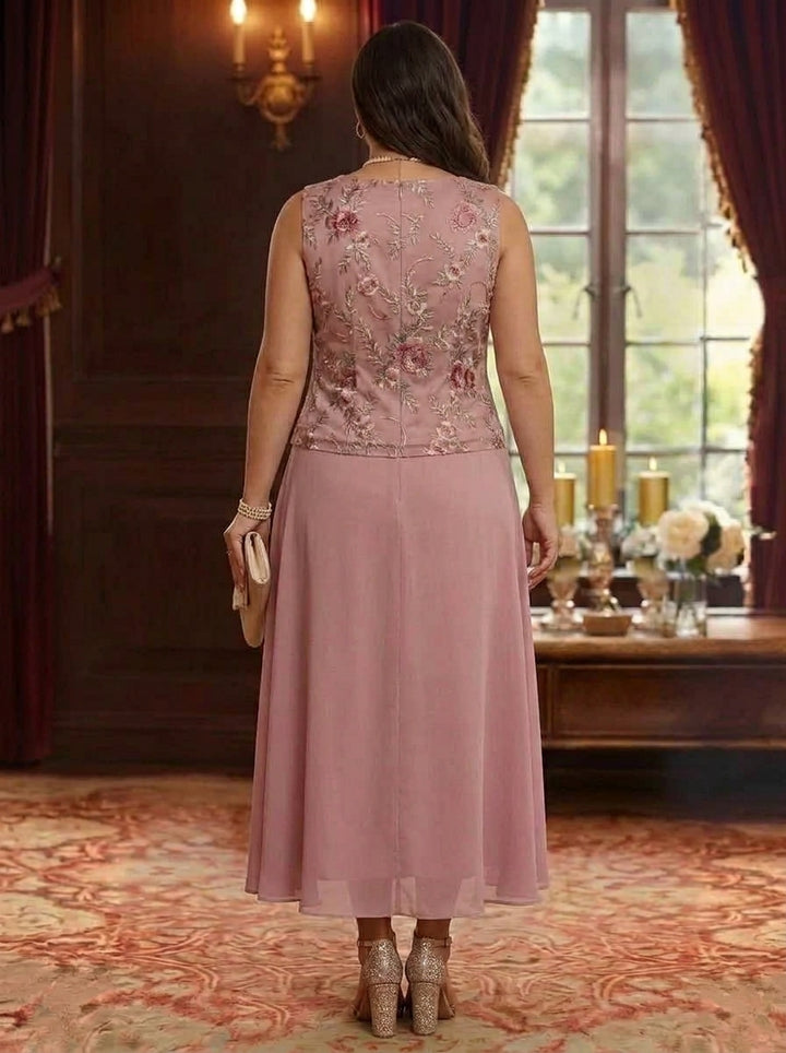 2 Pieces A-Line/Princess Scoop Chiffon Plus Size Mother of the Bride Dresses with Jacket Floral Tea-Length 3/4 Sleeves