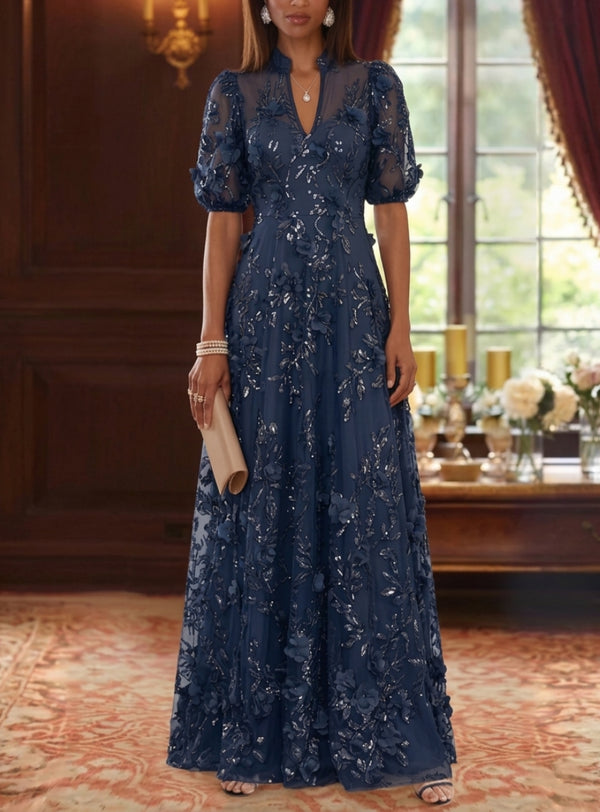 A-Line/Princess V-Neck Mother of the Bride Dresses 3D Flowers Embroidery Floor-Length Short Sleeves