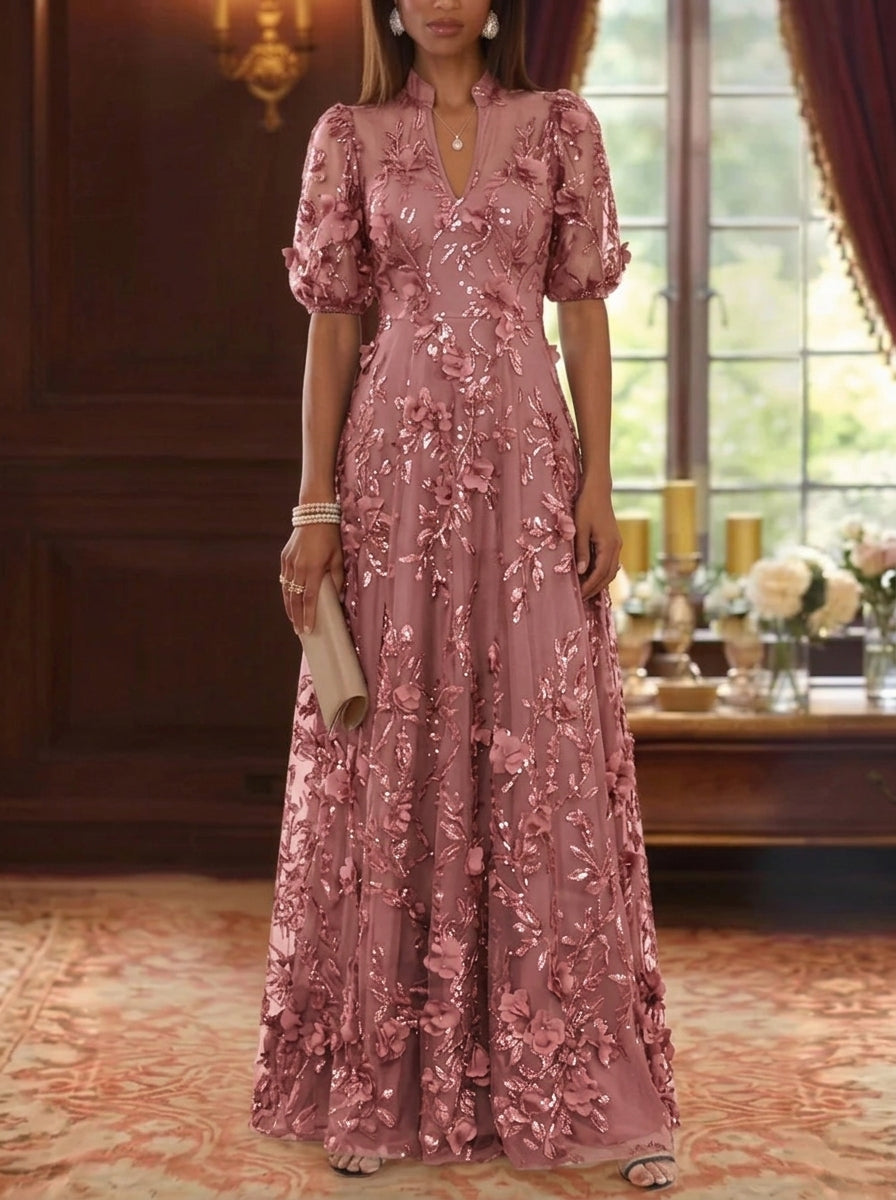 A-Line/Princess V-Neck Mother of the Bride Dresses 3D Flowers Embroidery Floor-Length Short Sleeves