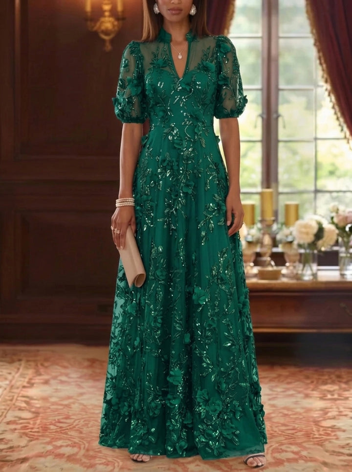 A-Line/Princess V-Neck Mother of the Bride Dresses 3D Flowers Embroidery Floor-Length Short Sleeves