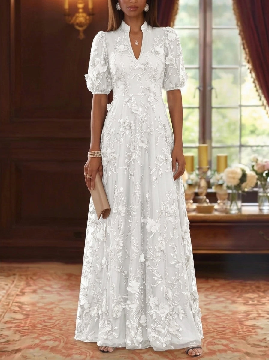 A-Line/Princess V-Neck Mother of the Bride Dresses 3D Flowers Embroidery Floor-Length Short Sleeves