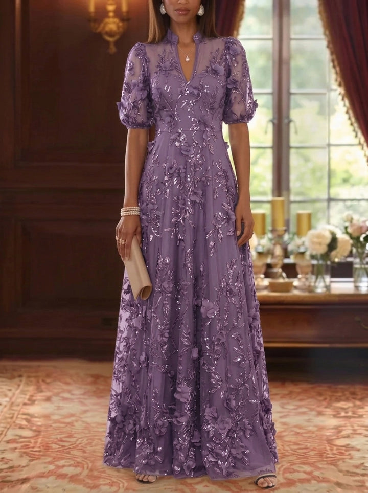 A-Line/Princess V-Neck Mother of the Bride Dresses 3D Flowers Embroidery Floor-Length Short Sleeves