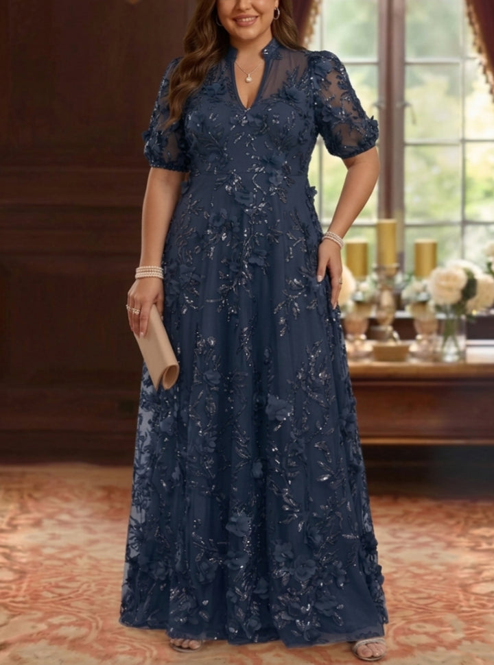 A-Line/Princess V-Neck Plus Size Mother of the Bride Dresses 3D Flowers Embroidery Floor-Length Short Sleeves
